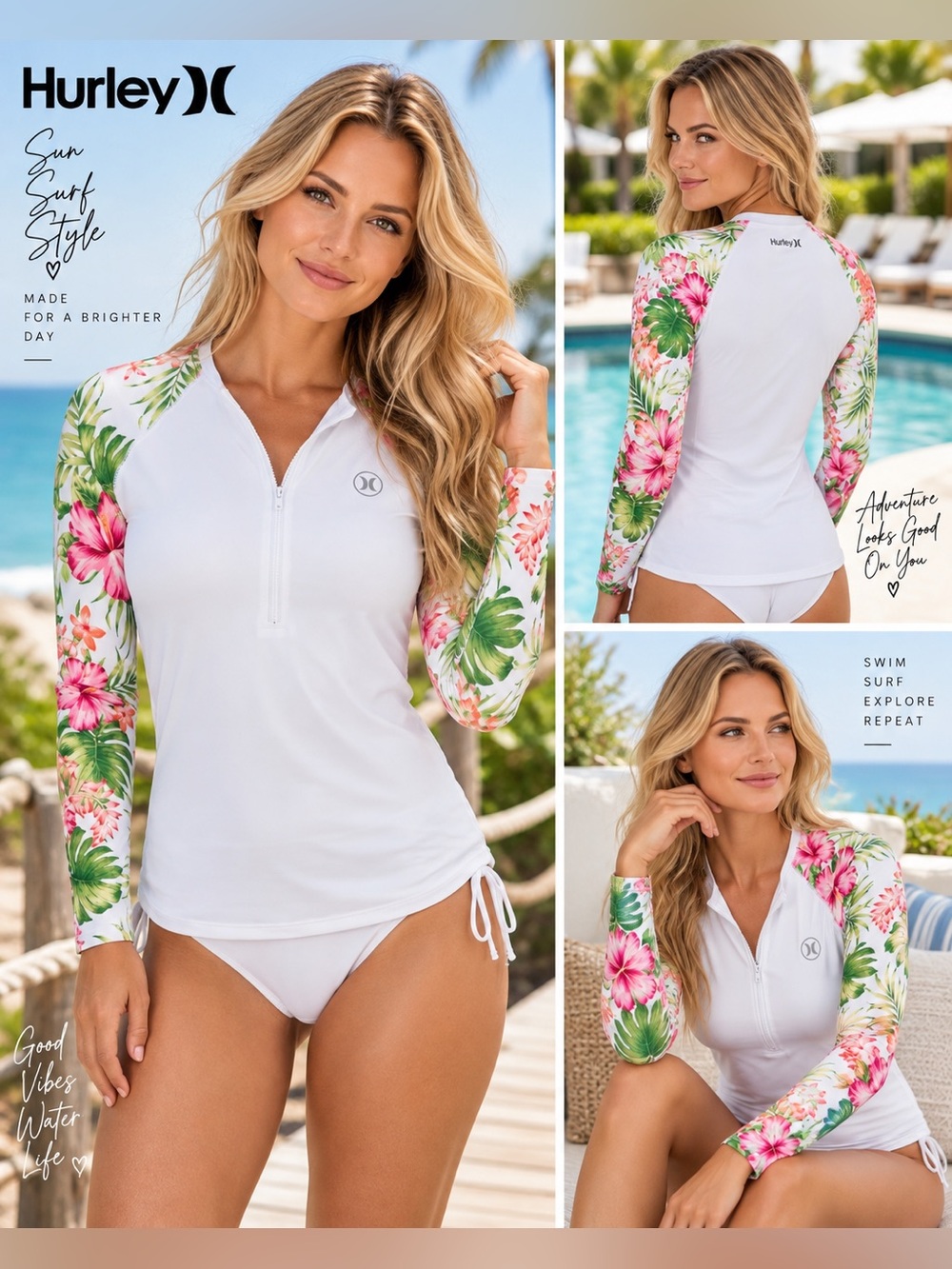 Hurley White Rash Guard with Pink & Green Floral Sleeves Size XL UPF 50+